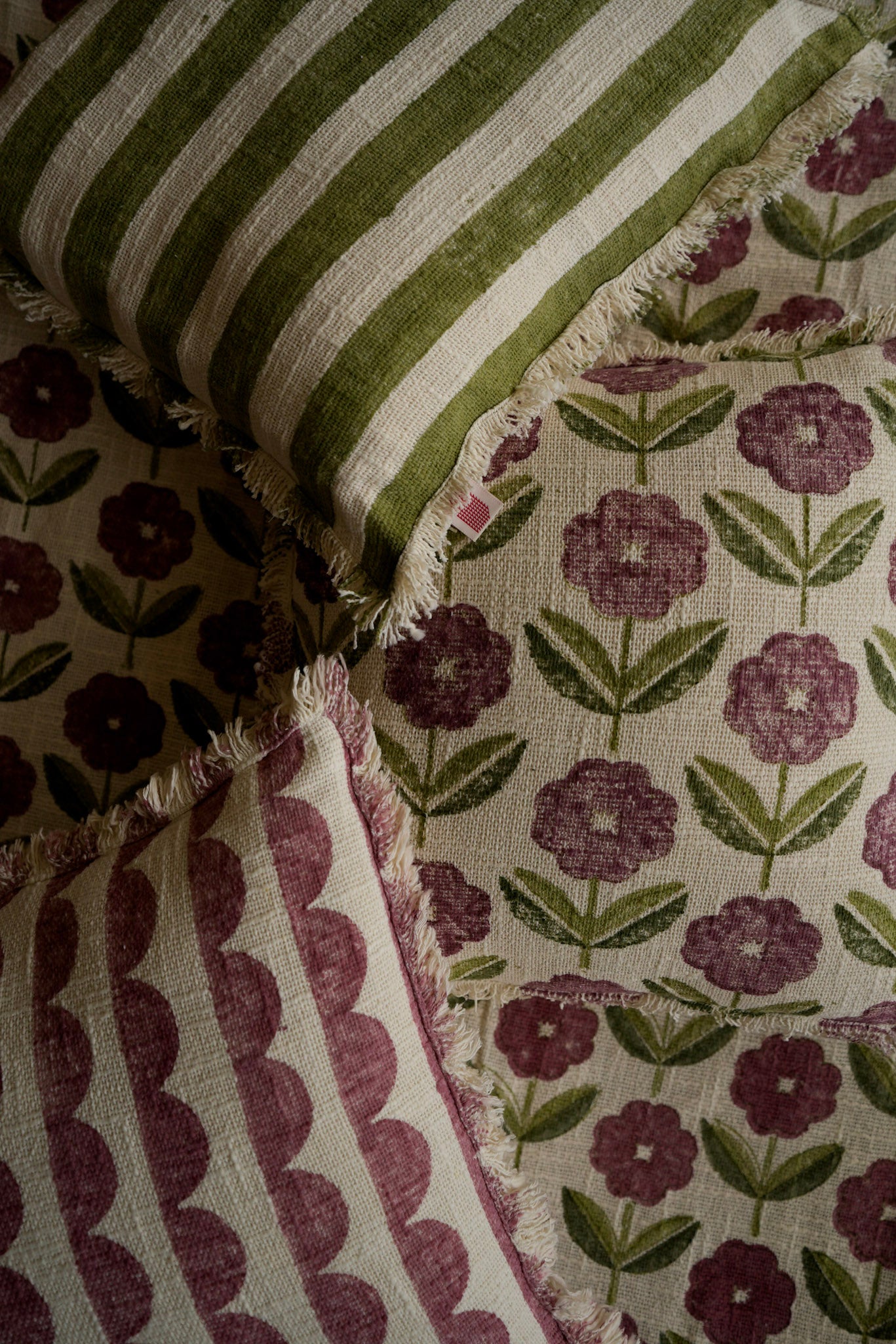 Close-up of fabric with floral and striped patterns