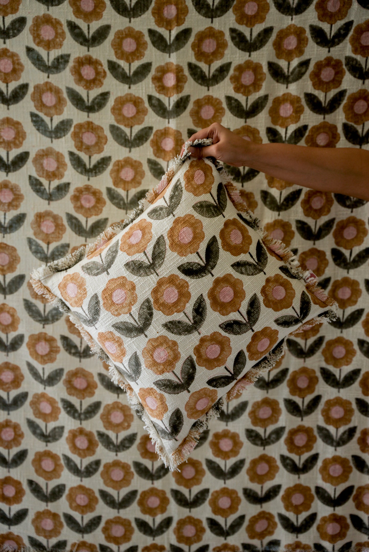 Ochre & Charcoal Floral Cushion