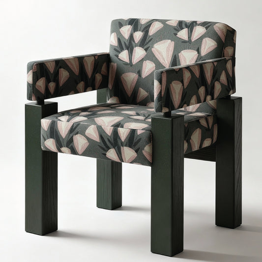 Modern chair with geometric patterned upholstery on a white background
