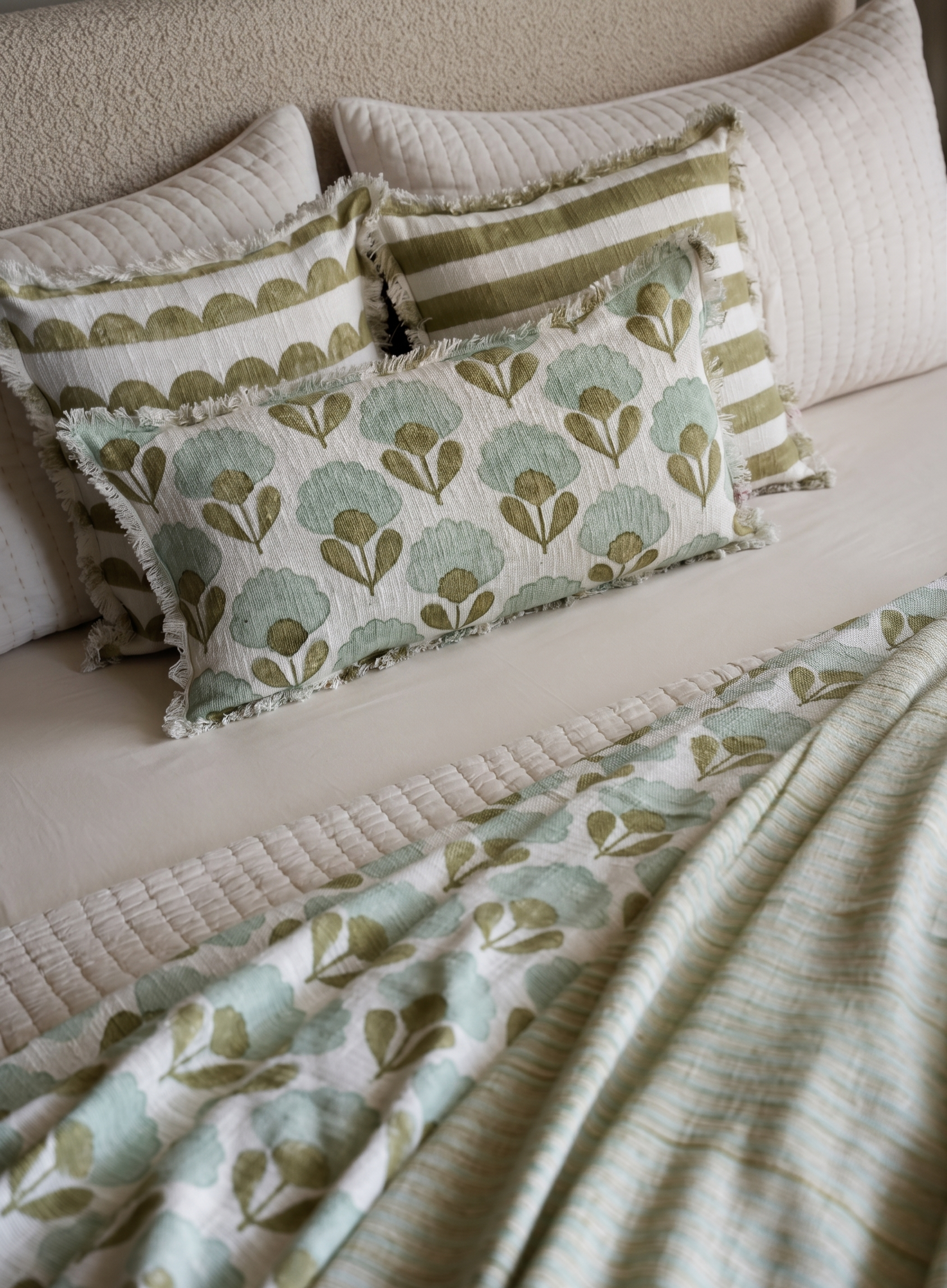 Bed with patterned green and beige bedding and pillows.
