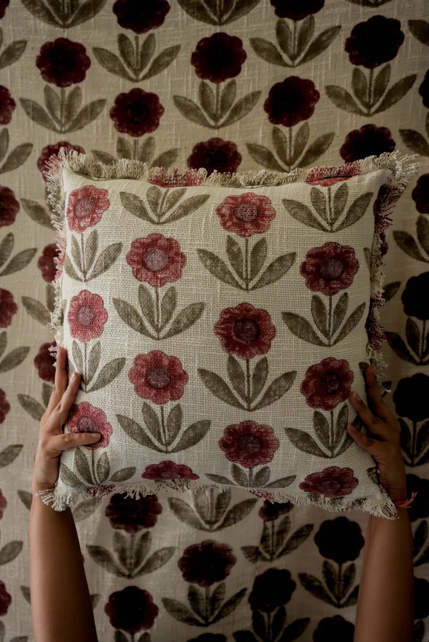 Burgundy & Grey Floral Cushion
