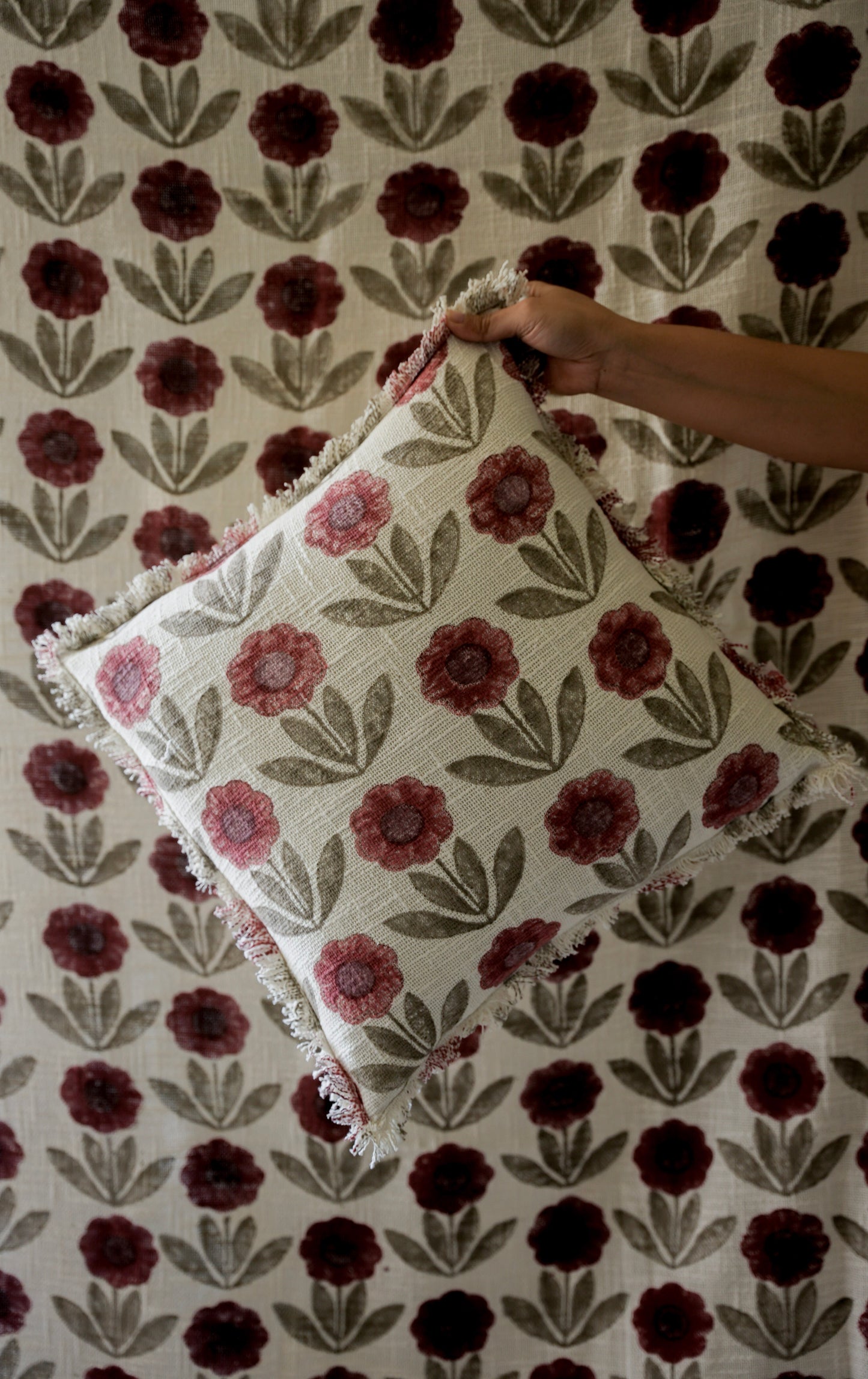 Burgundy & Grey Floral Cushion