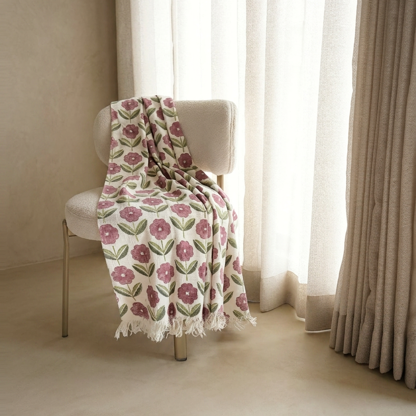 Floral-patterned towel draped over a radiator with a neutral background