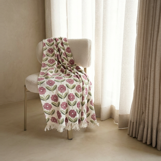 Floral-patterned towel draped over a radiator with a neutral background