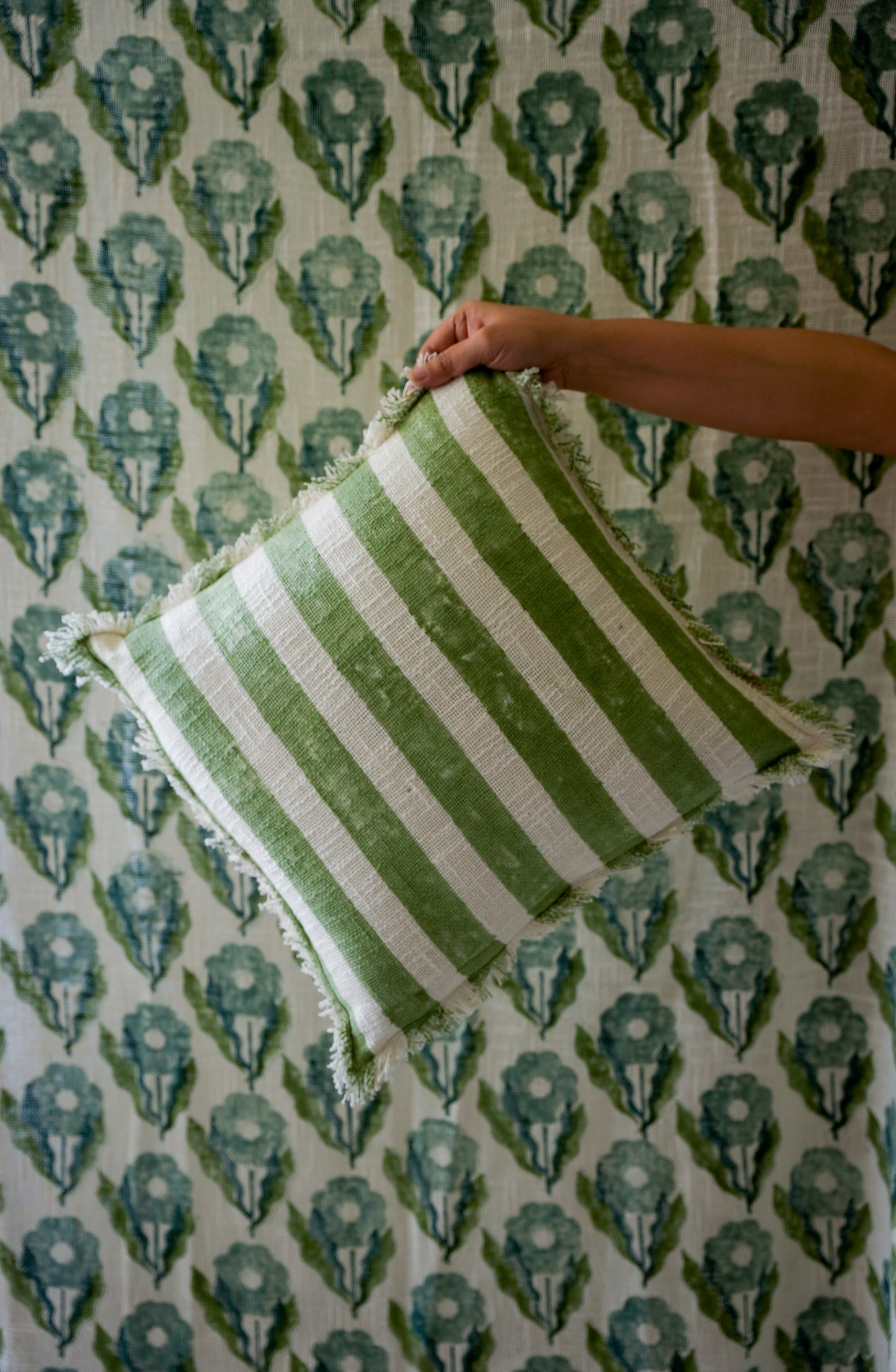 Leaf Green Striped Cushion