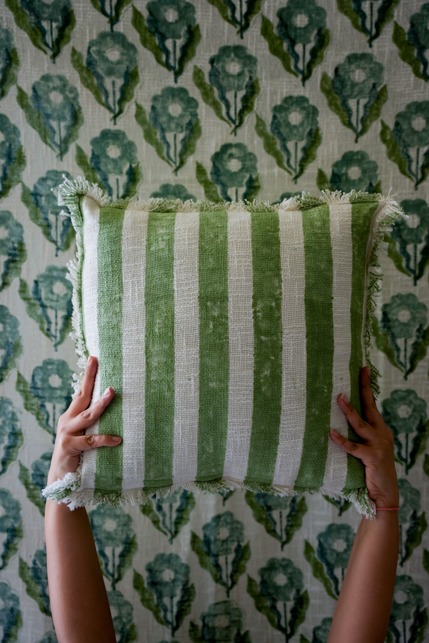 Leaf Green Striped Cushion