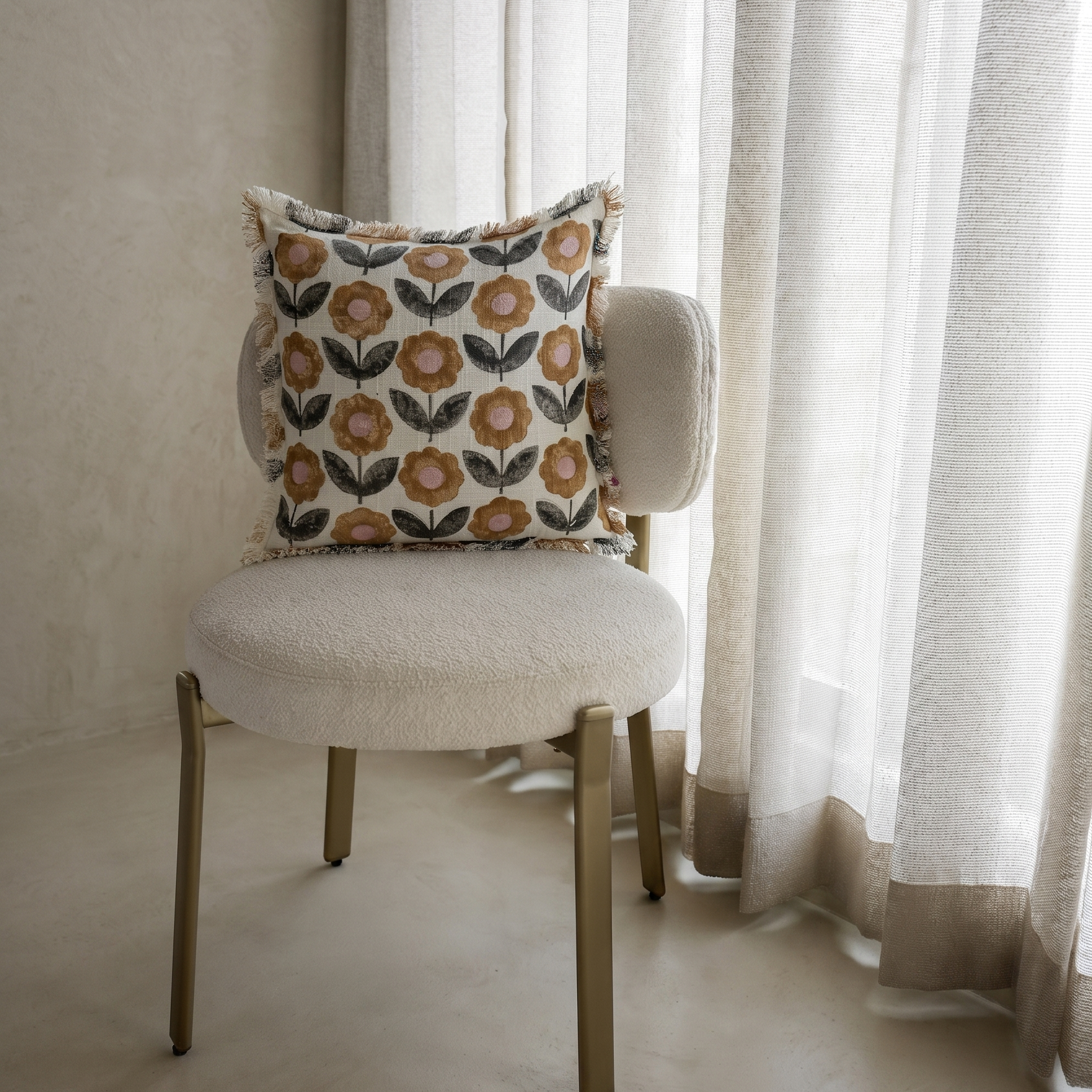 Ochre & Charcoal Floral Cushion
