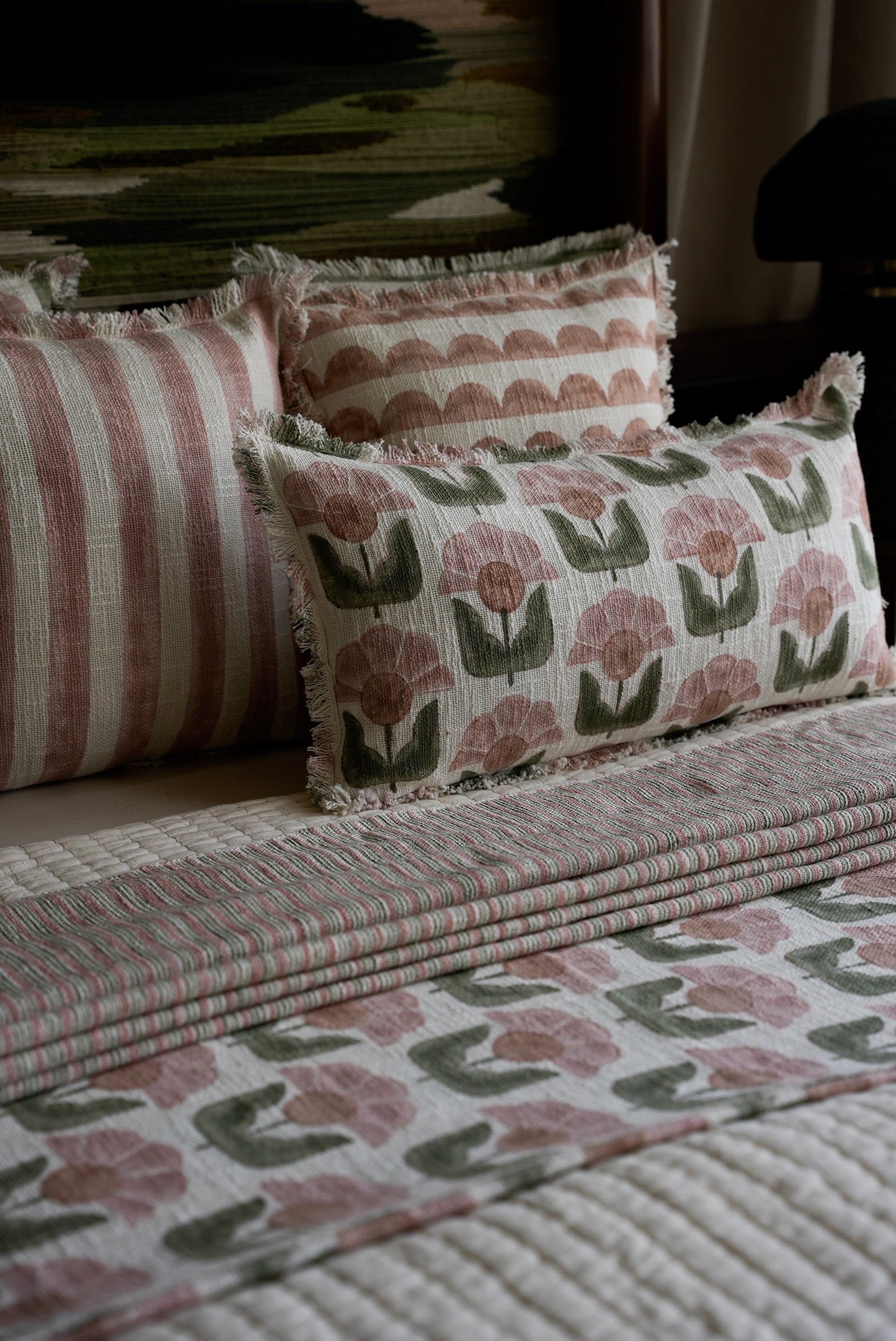 Blush pink & Olive Lumbar Pillow