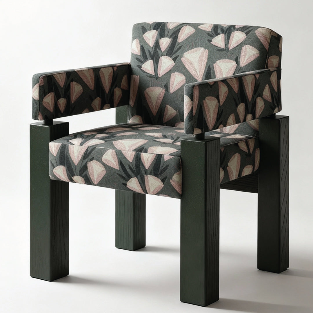 Modern chair with geometric patterned upholstery on a white background