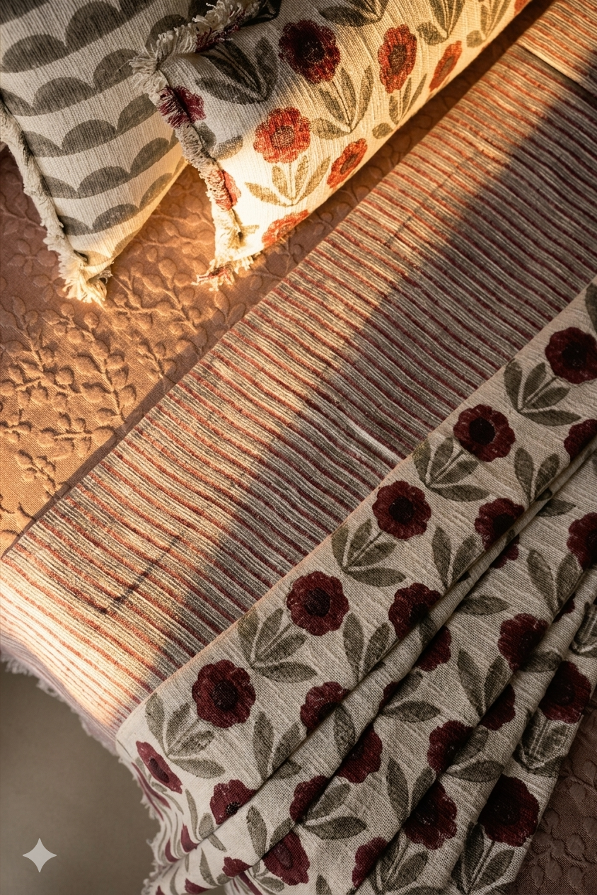 Folded fabric with floral pattern on a textured surface