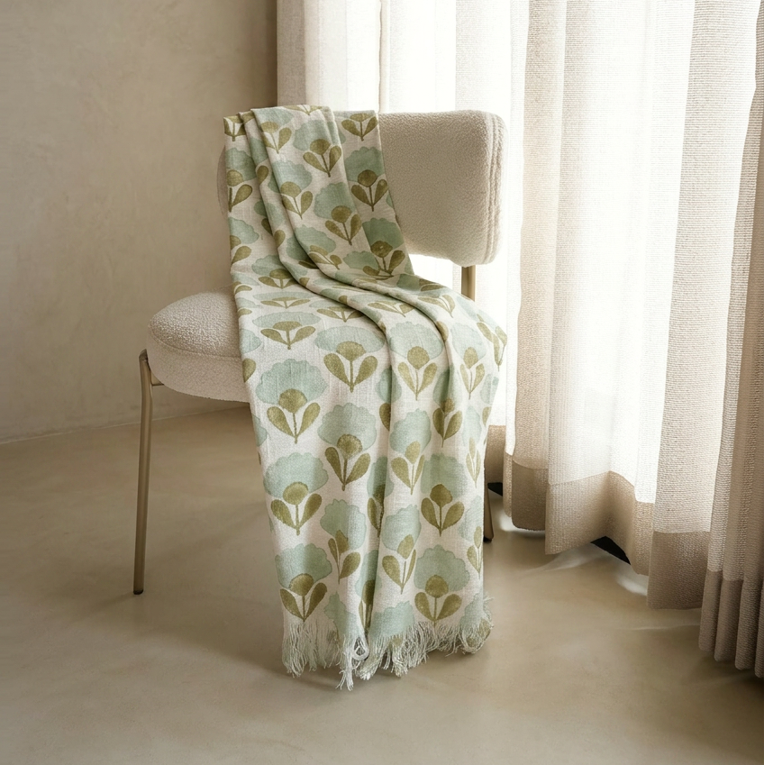 Floral-patterned towel draped over a radiator in a room with neutral walls.